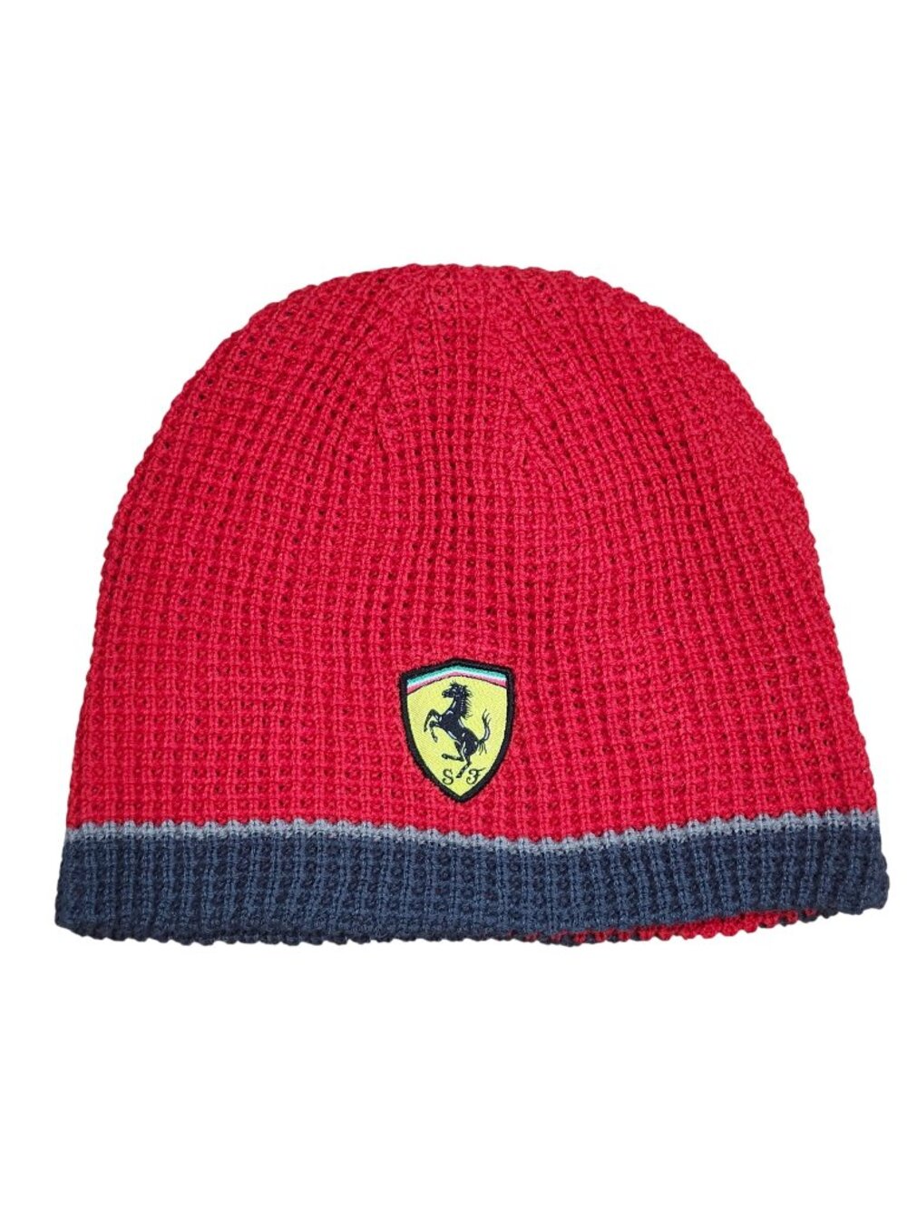 Scuderia Ferrari Reversible Red Gray Knit Beanie Hat SF Shield Logo Stripe Trim